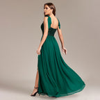 Women's Sequin Chiffon Backless High Slit A-Line Maxi Dress