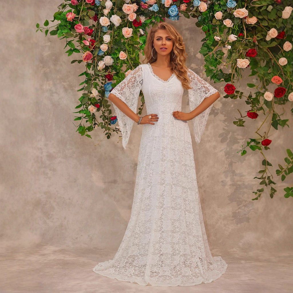 Women's V-Neck Lace Trumpet-Sleeve Maxi Dress