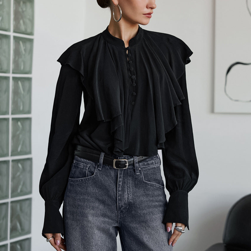 Women's Court French Ruffled Stand Collar Single Breasted Long Sleeve Shirt Women French Lantern Sleeve Loose Solid Color Top