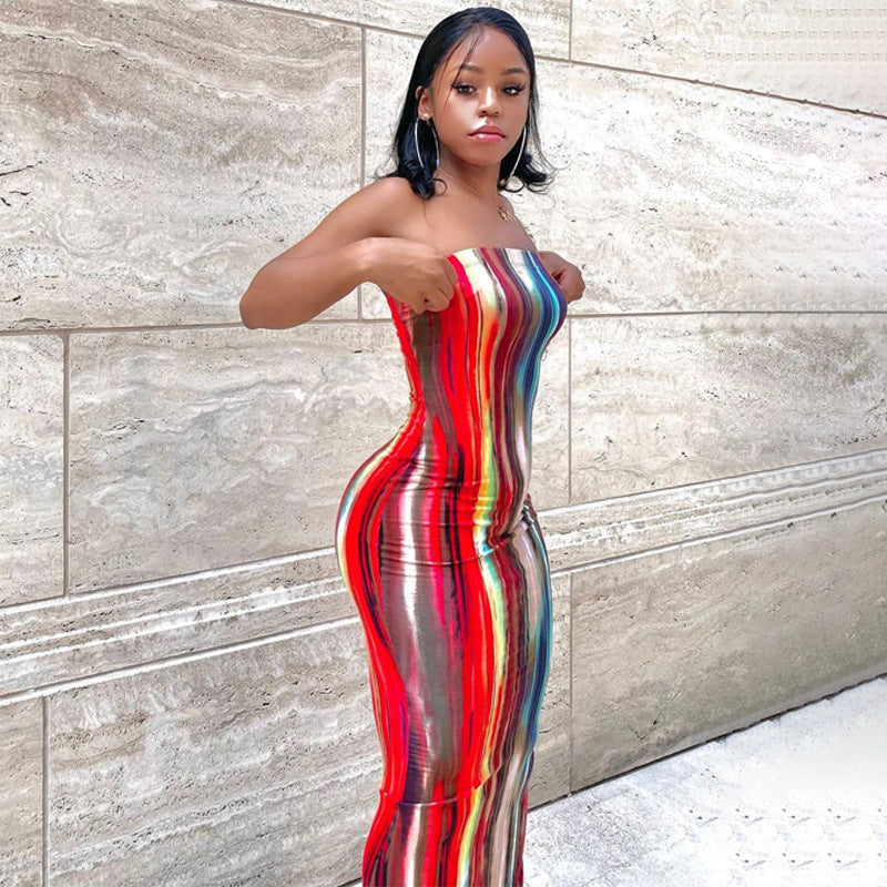 Spring Summer Colorful Tie Dye Off-Shoulder Strapless Dress