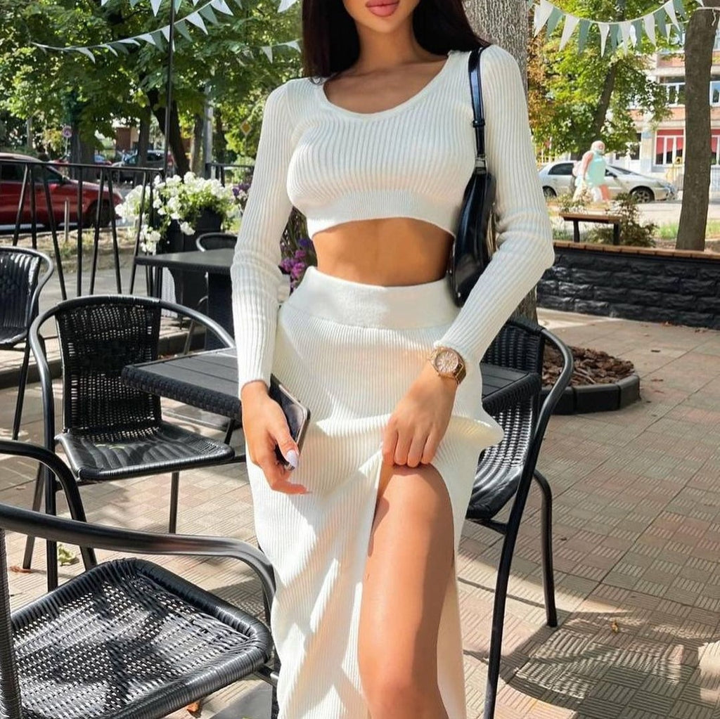 Autumn Winter Solid Color Long-Sleeve Split Maxi Dress Sweater Two-Piece Set