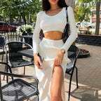 Autumn Winter Solid Color Long-Sleeve Split Maxi Dress Sweater Two-Piece Set