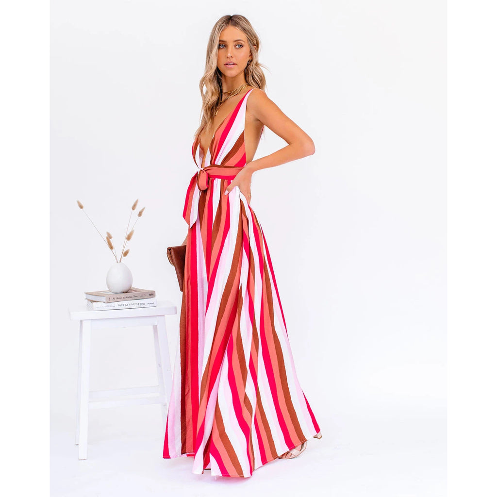 Women's Strap Deep V Plunge Striped Dress Home Loose Lace Up Large Swing Dre