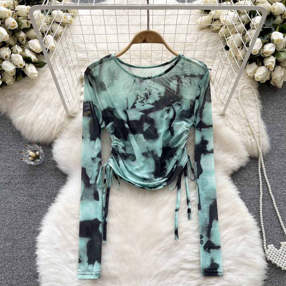 Women's French Retro Minority Design Tie Dyed Drawstring Crew Neck T Shirt Top Fall Women Clothing Long Sleeve Slim Bottoming Shirt