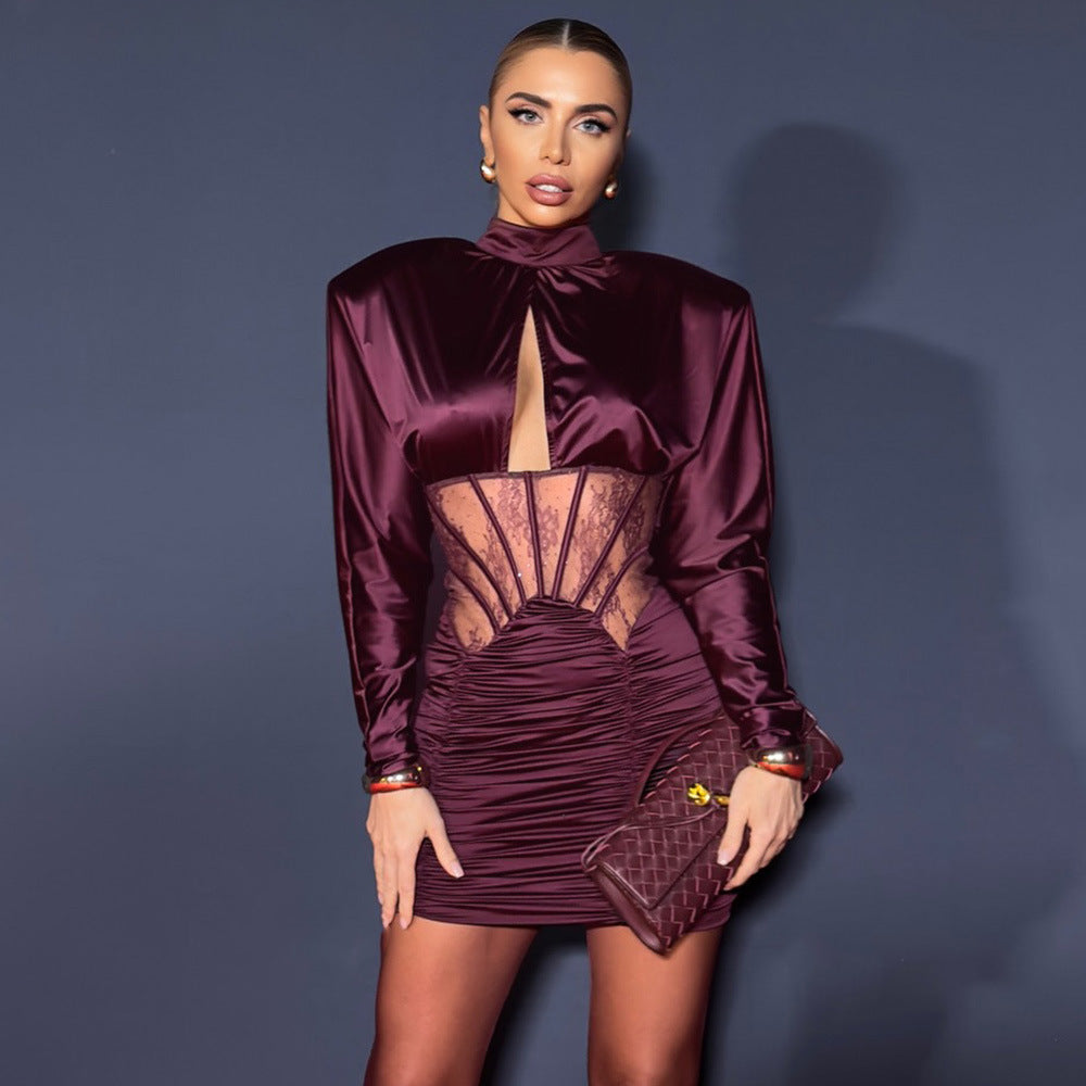 Women's Autumn Winter Tight Elastic Satin Hip Elegant Dress