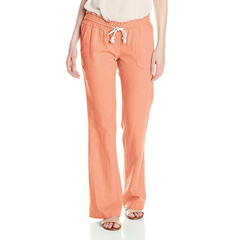 New Soft Cotton Linen Solid Color Tied Loose Pants