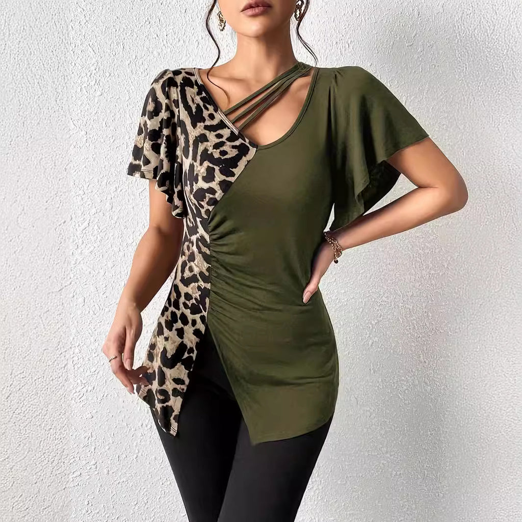 Women's Popular Leopard Print Asymmetric Collar Butterfly Sleeve Patchwork Top Women