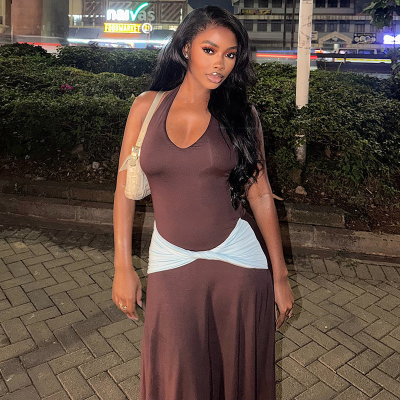 Women's Color-Block Halter Maxi Dress
