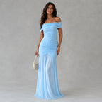Women's Off-Shoulder Pleated Mesh Fishtail Maxi Dress