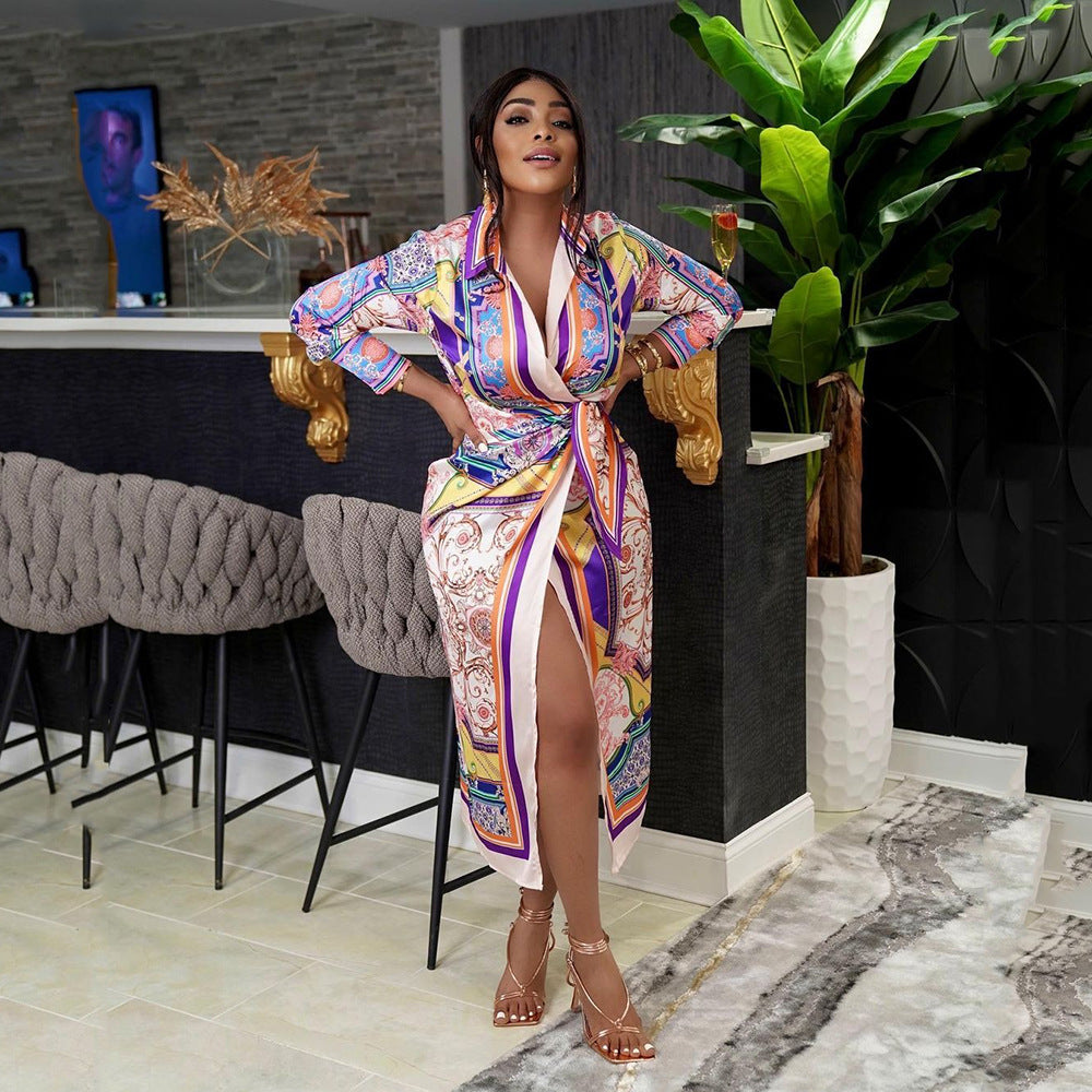 Women's Spring Retro Ethnic Women Clothing Printed Long Sleeved Shirt African Dress