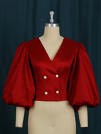 Women's V Neck Lantern Sleeve Button Cardigan Slim Fit Short Rose Red Party Women Shirt Top