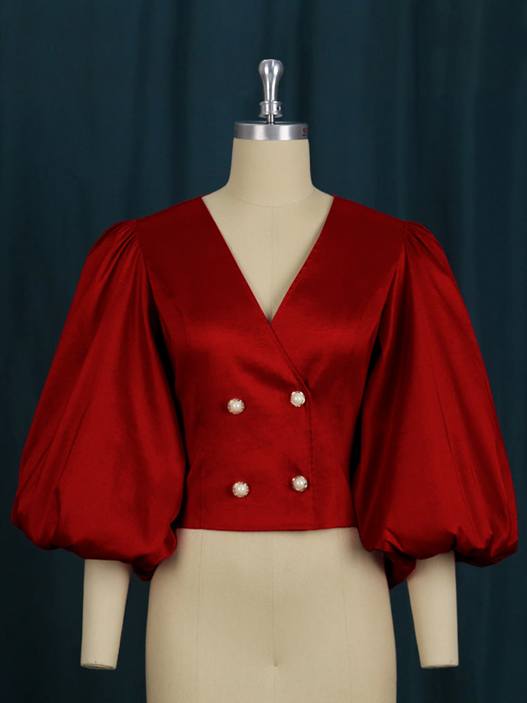 Women's V Neck Lantern Sleeve Button Cardigan Slim Fit Short Rose Red Party Women Shirt Top
