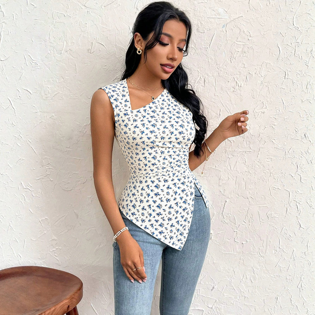 Women's French Floral Sleeveless Vest Women Asymmetric Oblique Square Neck Cinched Side Slit Slim Fit Slimming Top