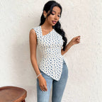Women's French Floral Sleeveless Vest Women Asymmetric Oblique Square Neck Cinched Side Slit Slim Fit Slimming Top