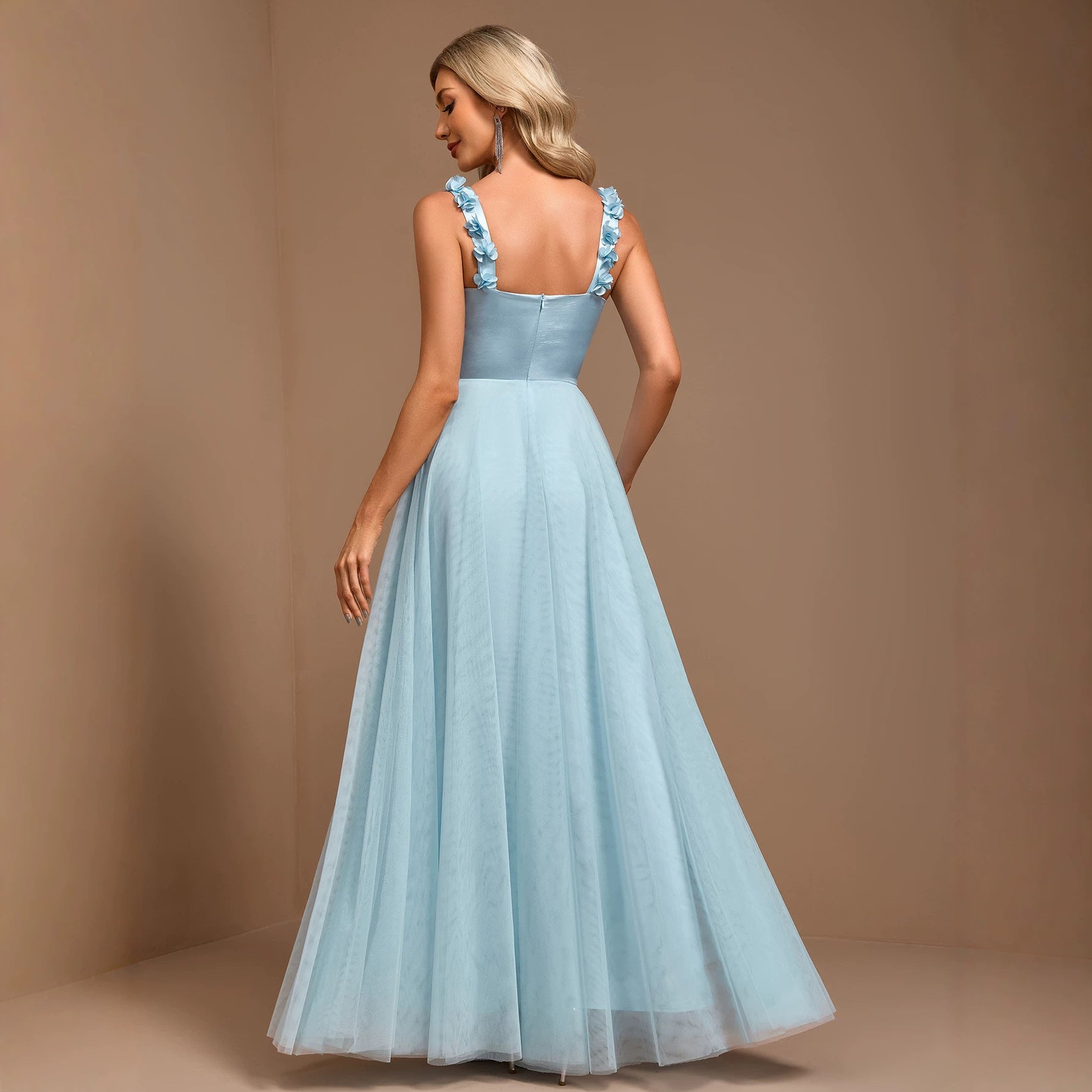 Turquoise halter floral dress, sleeveless ruched top with full tulle skirt