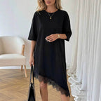 Black short-sleeve summer dress with loose fit and scalloped lace-trim hem