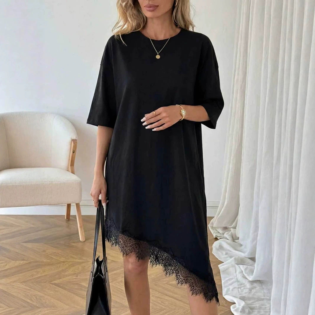Black short-sleeve summer dress with loose fit and scalloped lace-trim hem