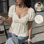 Solid Color V neck Jacquard Pleated Puff Sleeve Top