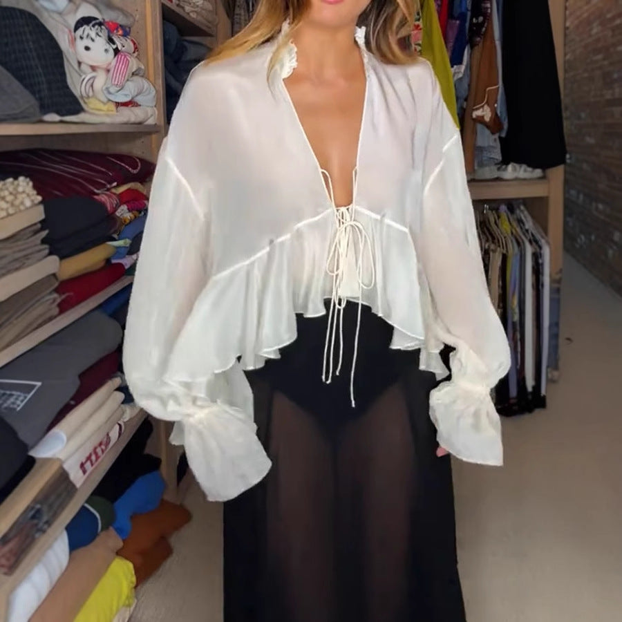 Sun Protective Clothes Women Outer Wear Summer Lightweight Lace up Shawl Blouse Shirt