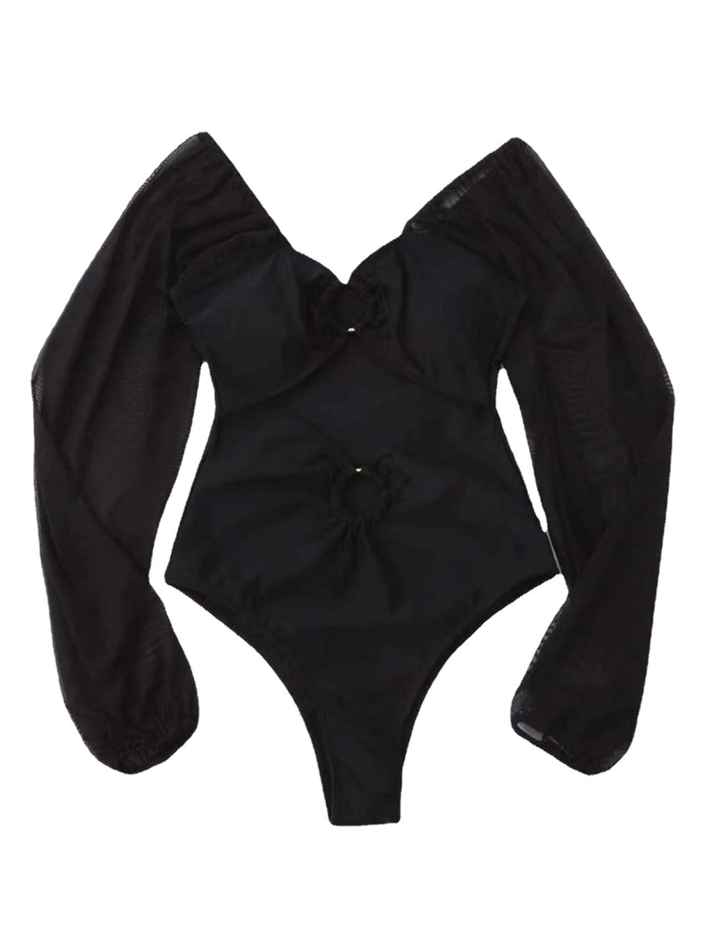 Black one-piece swimsuit with sheer long sleeves and center ruched front