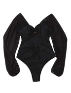 Black one-piece swimsuit with sheer long sleeves and center ruched front