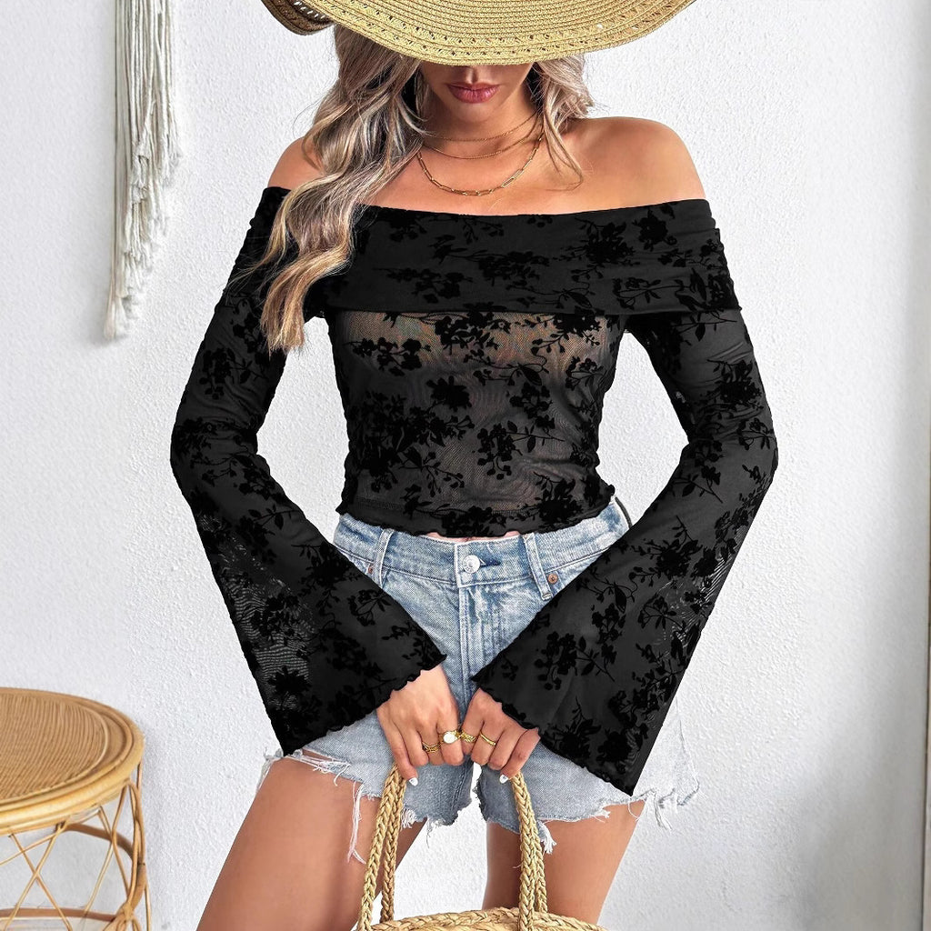 Floral Mesh Knit Off-Shoulder Top