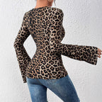 Leopard Layered V-Neck Bell Sleeve Knit Top