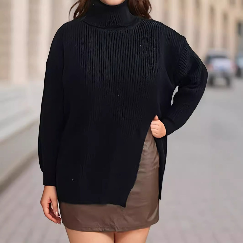 Plus Size Women Split Mid Length Top Women Clothes Turtleneck Collared Loose Pullover
