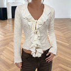 Women's Ruffle Tie V-Neck Long Sleeve Top