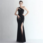 Women's Satin Slim Fit One-Shoulder Long Debutante Gala Dinner Slim Fit Dress