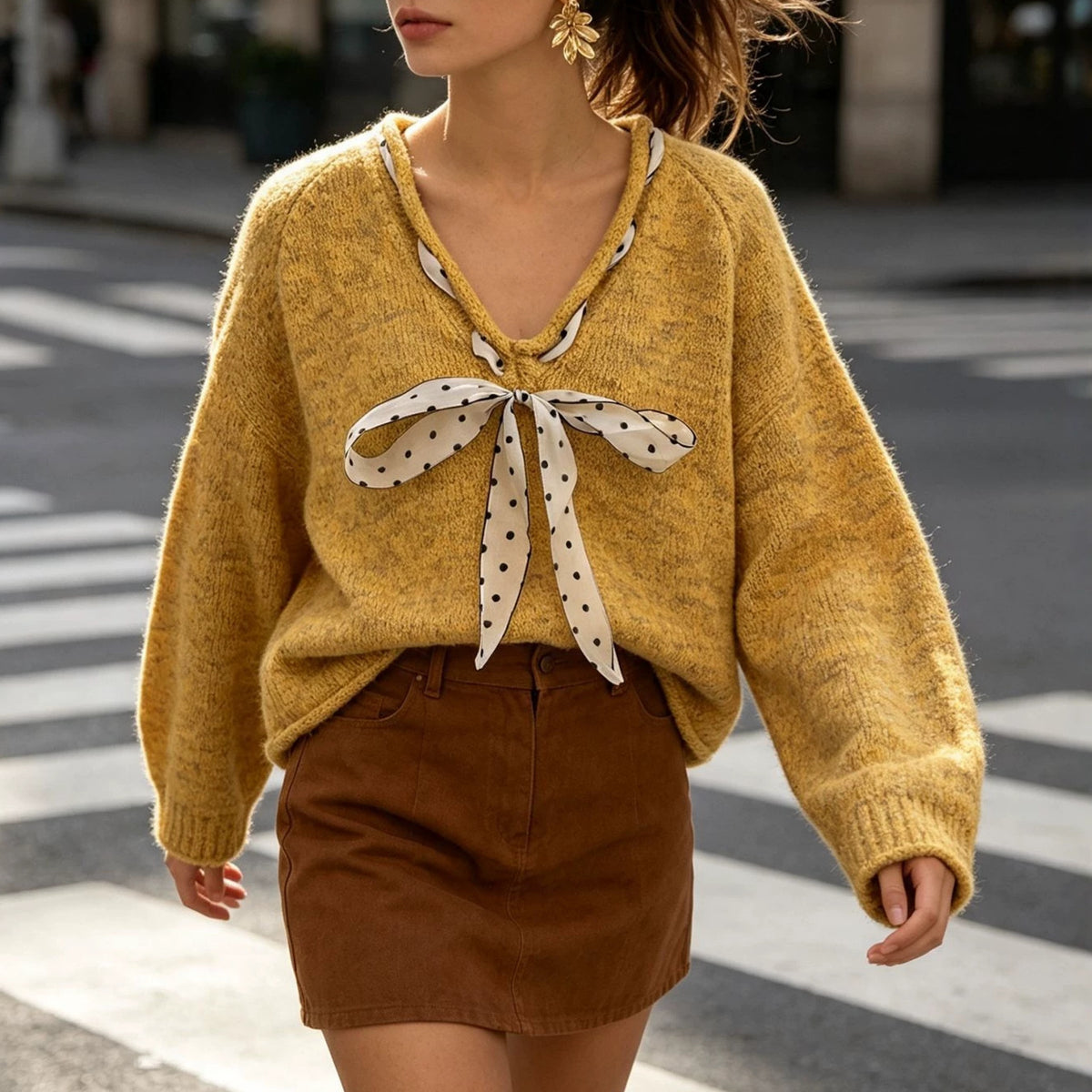 Women's Ribbon Bow V-Neck Knit Top
