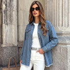 Denim Long Sleeved Shirt Collared Double Chest Bag Loose
