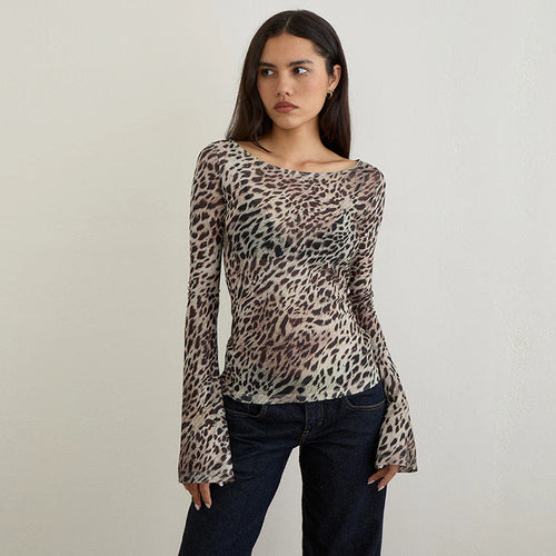 Sexy Leopard Print Mesh T shirt Autumn Slim Fit All Matching Long Sleeve Top