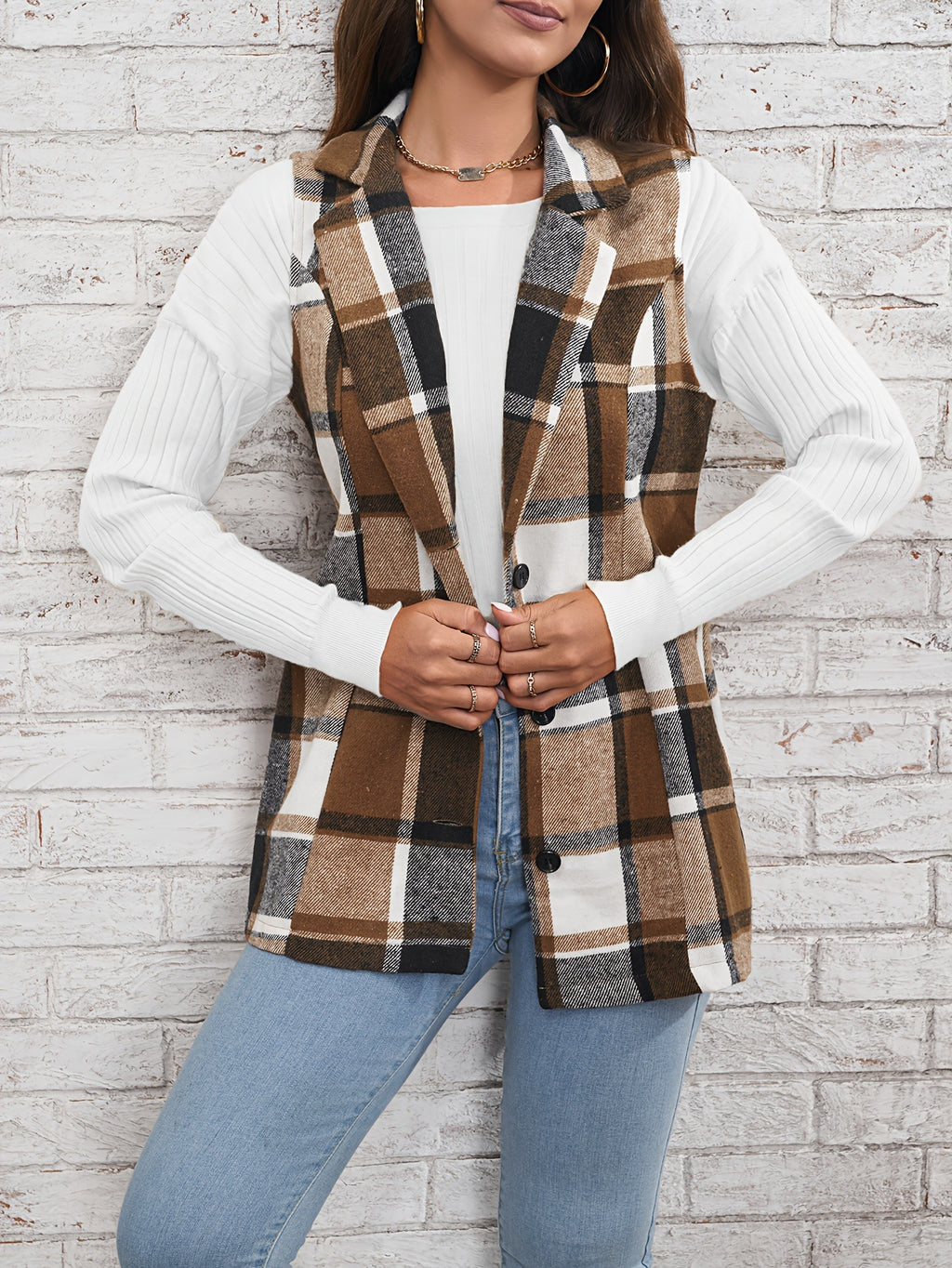 Polo Collar Plaid Vest Coat