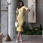Ruffled Classic Dress Hepburn Tight Fishtail Short Sleeve Slim Fit Knitted