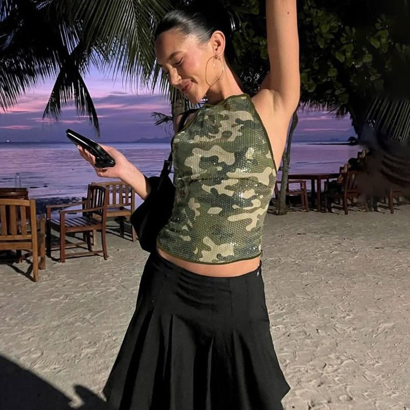 Summer Women Sexy Chic Camouflage Print Sequined Halter