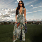 Abstract Print Halter Backless Split Bodycon Maxi Dress