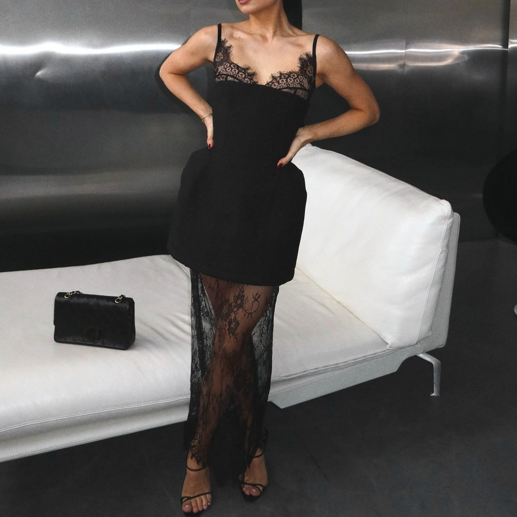 Summer Retro Black Sexy Niche Strapless Irregular Asymmetric Spaghetti Strap Lace See Through Skirt Set
