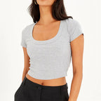 Women's T-Shirt Cotton Rib Cropped Short Sleeve Slim Fit Slimming