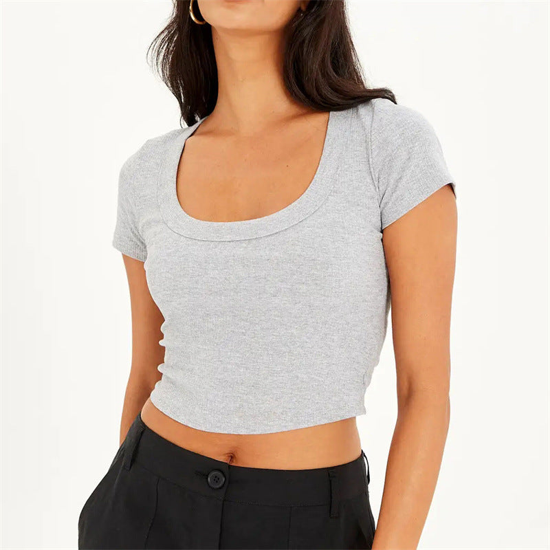 Women's T-Shirt Cotton Rib Cropped Short Sleeve Slim Fit Slimming