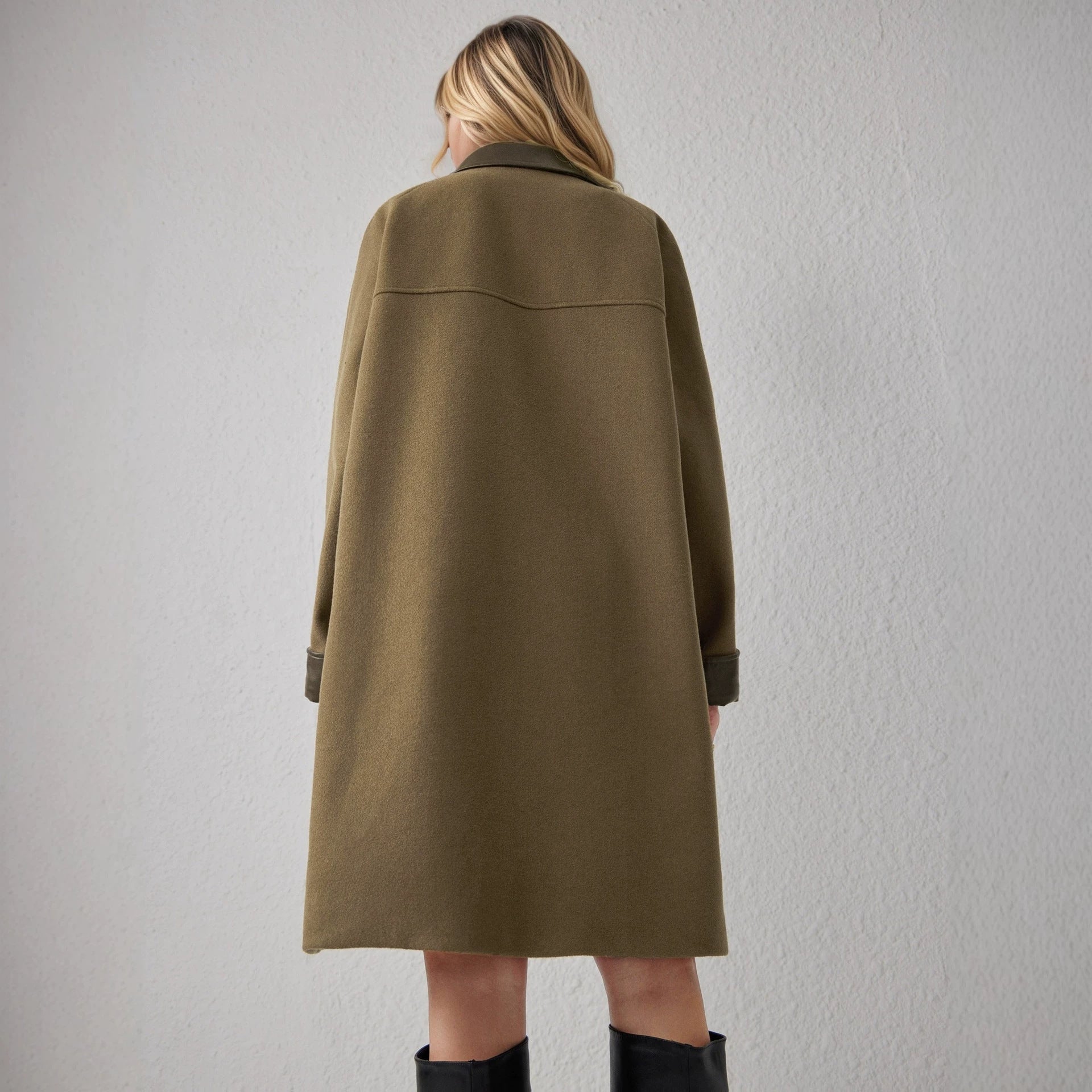 Women's Contrast-Color Mid-Length Wool Coat