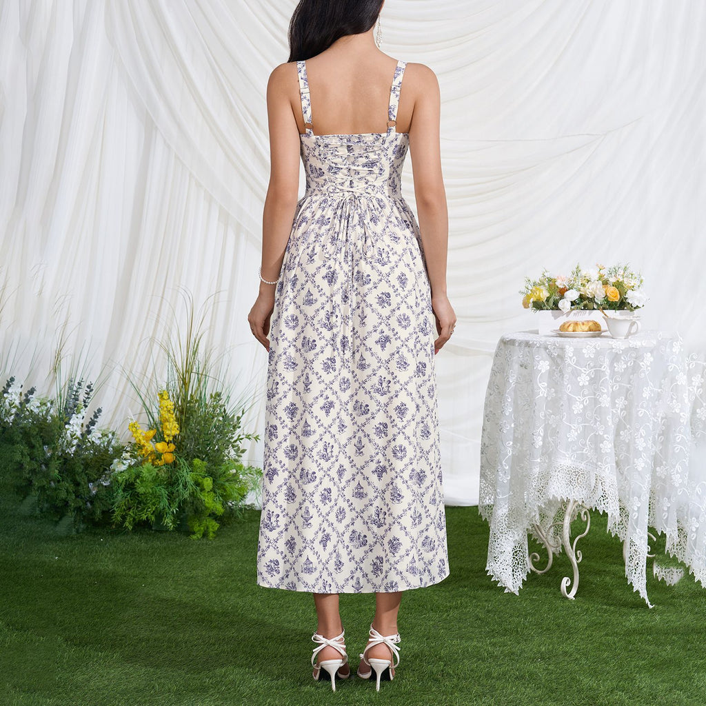 Blue and white lace backless midi dress with open back and spaghetti straps