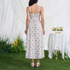 Blue and white lace backless midi dress with open back and spaghetti straps