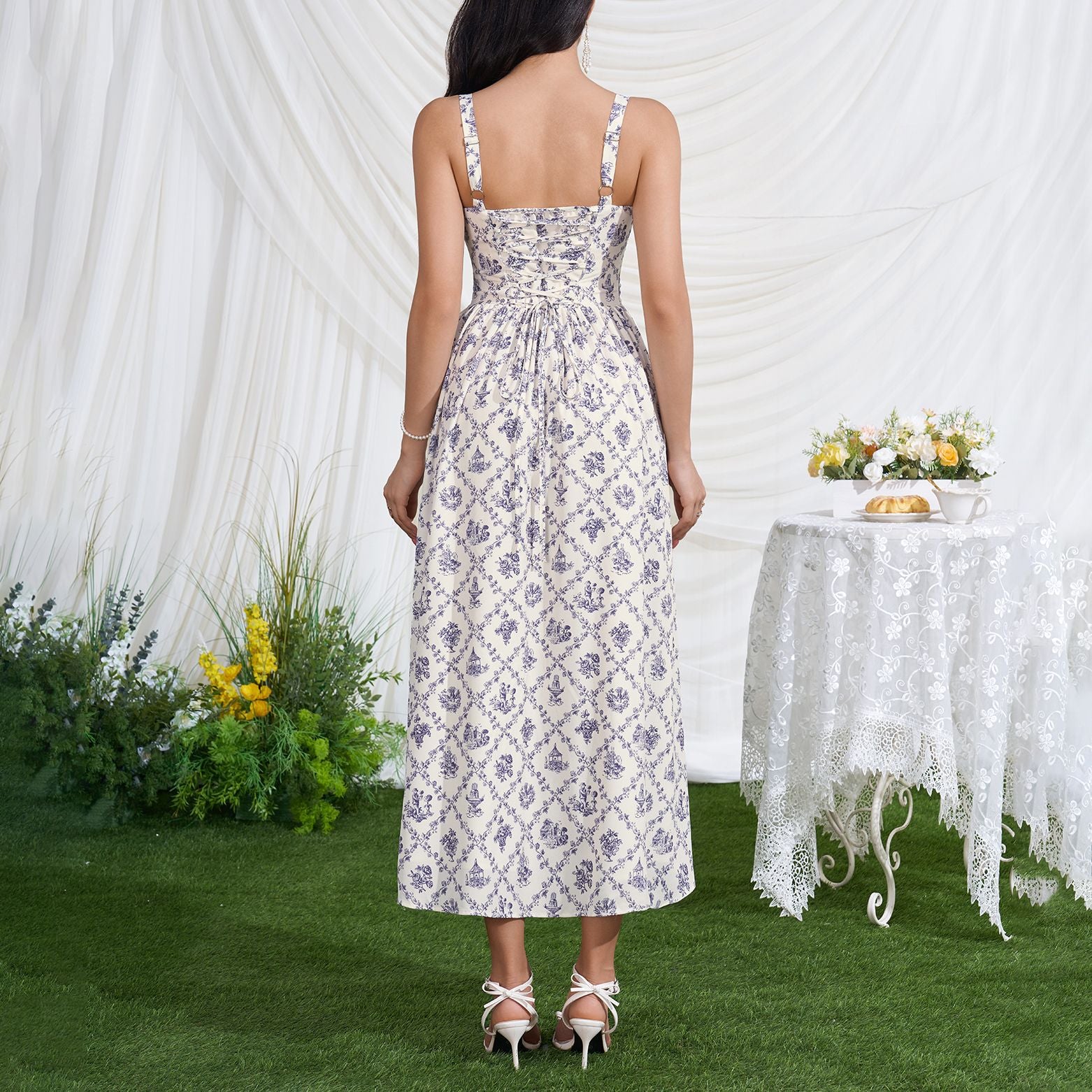 Blue and white lace backless midi dress with open back and spaghetti straps