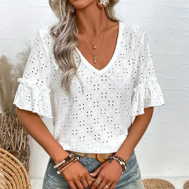 Women's Women Knitted Embroidered Hollow Out Cutout Ruffled V Neck Short Sleeved Shirt Women T Shirt Women Spring Autumn