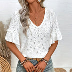 Women's Women Knitted Embroidered Hollow Out Cutout Ruffled V Neck Short Sleeved Shirt Women T Shirt Women Spring Autumn