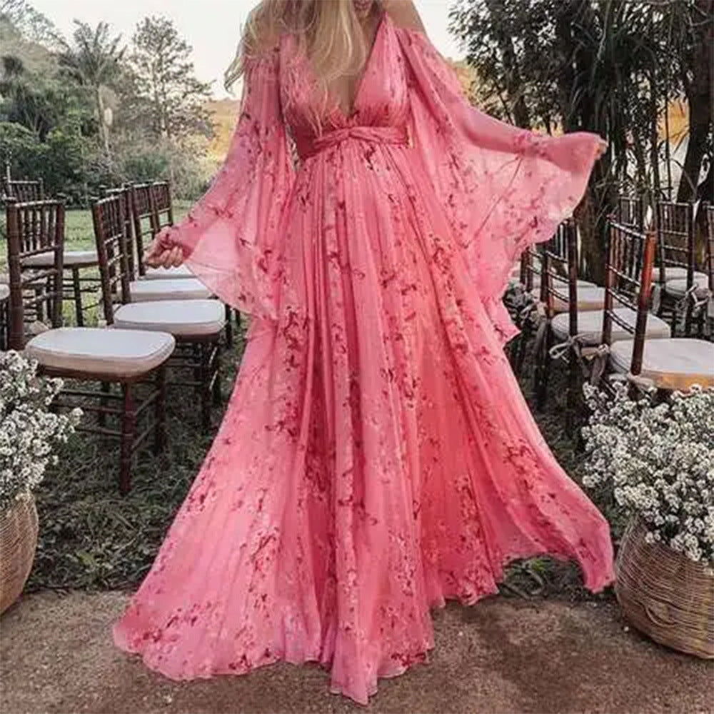 Women's Floral Deep V Long Sleeve A-Line Maxi Dress