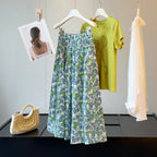 Plant Print Skirt Women Summer HW Slimming A line Unique