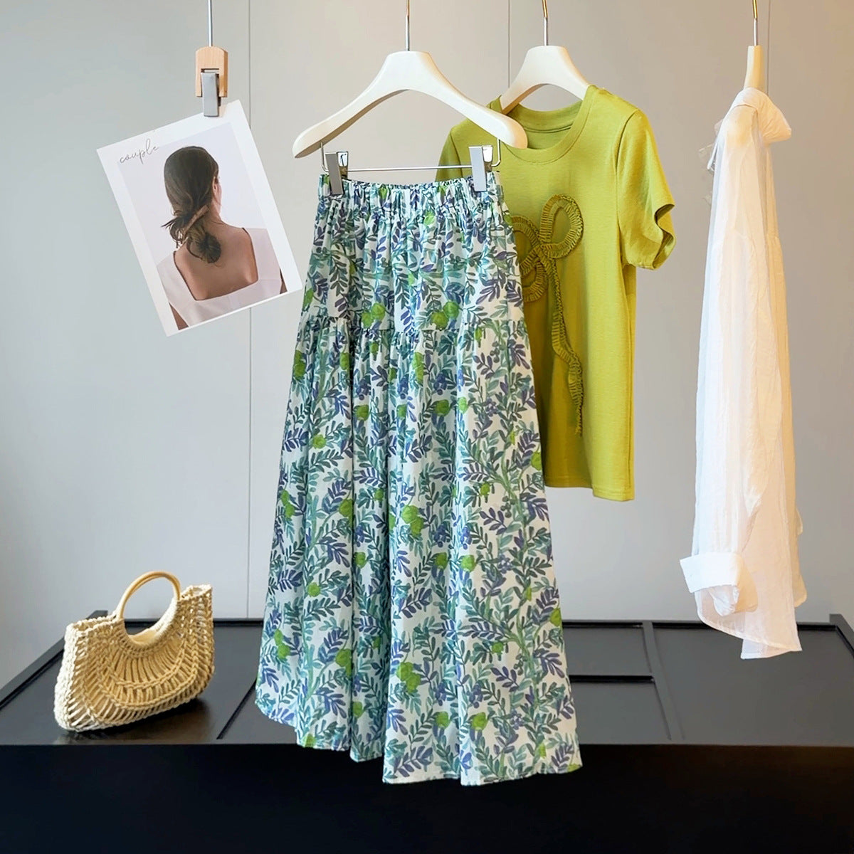 Plant Print Skirt Women Summer HW Slimming A line Unique