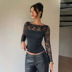 's Autumn Boat Neck Lace Stitching Coat Long Sleeved Fitted T Shirt